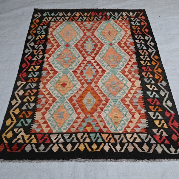 Afghan Blackish Red Area Kilim - Handwoven 4'3x6'3 ft Geometric Style Maimana Kilim Rug - Rug For Kidsroom - Flatweave 4x6 Traditional Kilim