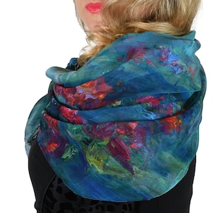 Water Lilies, 35-inch Square Italian Silk Scarf, Silk Georgette
