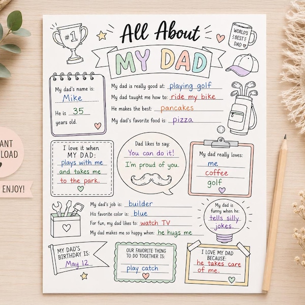PRINTABLE Father's Day Printable All About My Dad Coloring Page Questionnaire Fathers Day Gift School Kids Instant Digital (PDF Download)
