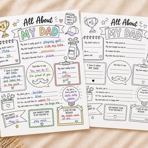 Puede incluir: Dos cuestionarios imprimibles "Todo sobre mi pap&aacute;". Las plantillas en blanco y negro presentan secciones para completar sobre las cosas favoritas, habilidades y recuerdos de un padre. Incluye ilustraciones de un trofeo, bolsa de golf y bigote.