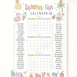May include: An editable Summer Fun calendar featuring June, July, and August grids. The document includes colorful hand-drawn illustrations of a sun, palm tree, ice cream, and beach gear, alongside two columns of activity checklists for summer.