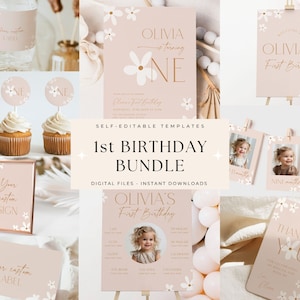 Daisy Digital Party Bundle Birthday Boho 1st Birthday Bundle for Girls, Daisy birthday theme, First Birthday Daisies Boho Neutral Party