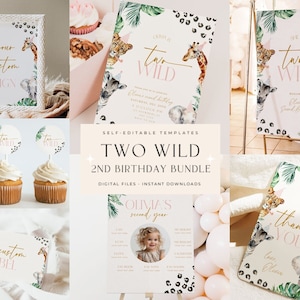 Editable Two Wild Birthday Bundle Second Birthday Bundle 2nd Birthday Bundle Two Wild Invitation Two Year Old Birthday Bundle Boho Package