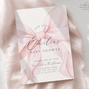 EDITABLE Pink Bow Baby Shower Invitation Template Baby Girl Shower Canva Elegant Blush Coquette Baby Shower Invite Instant Digital Download