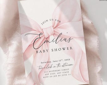 EDITABLE Pink Bow Baby Shower Invitation Template Baby Girl Shower Canva Elegant Blush Coquette Baby Shower Invite Instant Digital Download