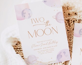 May include: A white invitation card with a watercolor illustration of planets and stars. The text on the card reads "Two the Moon" and "Olivia's Second Birthday". The invitation details include the date, time, address, and RSVP information.