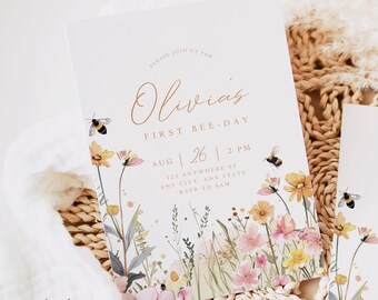 First Bee Day Birthday Invitation 1st Bee-Day Party Invite First Birthday Boho Invitation Bumble Bee Invite 1st Birthday Invite for Girl