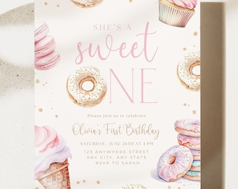 May include: A rectangular invitation card featuring watercolor illustrations of donuts, a cupcake, and an ice cream cone. The text reads: She's a sweet one, Olivia's First Birthday, Saturday, 21st June at 4pm, 123 Anywhere Street, Any City, Any State, RSVP to Sarah.