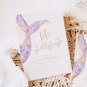 May include: A white invitation card with a gold and purple mermaid tail illustration. The text on the card reads "Let's Shellabrate" and "Splash on over for Olwin's Fourth Birthday". The invitation includes the date, time, and location of the party.