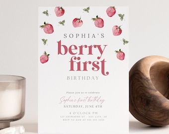 Berry First Birthday Invitation for Girls 1st Birthday Invitation Strawberry Birthday Theme Digtial Invitation for Strawberyy Birthday
