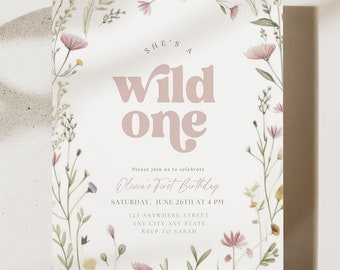 Wild One Birthday Invitation Wildflower Birthday Invitation 1st birthday Invitation Girl Boho Minimalist First Birthday Invitation For Girl