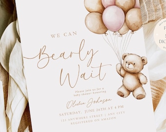 Editable We Can Bearly Wait Baby Shower Invitation Teddy Bear Baby Shower Invite Digital Download Printable Minimalist Girl Baby Shower Pink