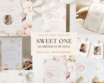 EDITABLE Sweet One Birthday Bundle, Sweet One Package Girl, 1st Birthday Bundle, First Birthday Bundle, First Birthday Bundle for Girl Boho