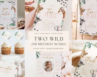 Editable Two Wild Birthday Bundle Second Birthday Bundle 2nd Birthday Bundle Two Wild Invitation Two Year Old Birthday Bundle Boho Package