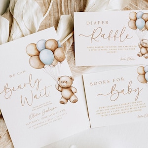 Editable We Can Bearly Wait Boy Baby Shower Invitation Suite Teddy Bear Baby Shower Invite Set Digital Download Printable Boho Blue Bundle