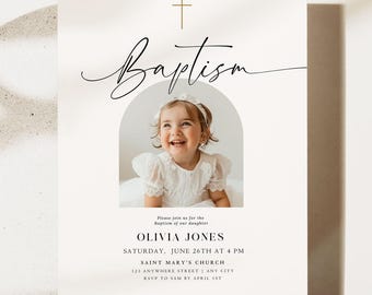 Baptism Invitation Template Christening Invitation Minimalist Baptism Invite for Girl Baptism Invite with Photo Instant Download Printable