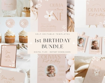 Daisy Digital Party Bundle Geburtstag Boho 1. Geburtstagspaket für Mädchen, Daisy Geburtstagsthema, Erster Geburtstag Daisies Boho Neutral Party
