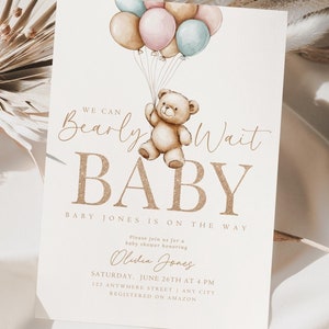 Editable We Can Bearly Wait Baby Shower Invitation Teddy Bear Baby Shower Invite Digital Download Printable Minimalist Blue Pink Neutral