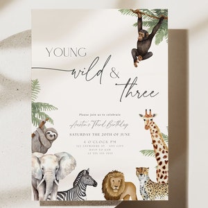 Digital Printable Young Wild and Three 3rd Birthday Invite Safari Jungle Animal Birthday Invitation Third Birthday Minimalist Boho Lion
