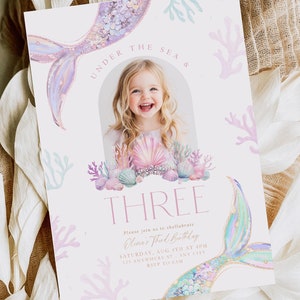 Editable Mermaid Third Birthday Invitation 3rd Birthday Under the Sea Invite Mermaid Girl Digital Template Instant Download Pastel Printable