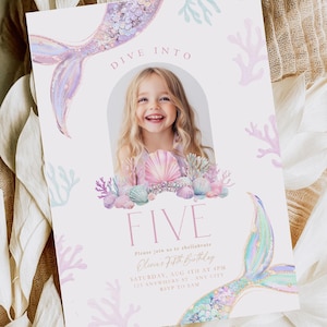 Editable Dive into Five Mermaid Birthday Invitation 5th Birthday Invite Girl Shellabration Invite Printable Template Instant Download Boho