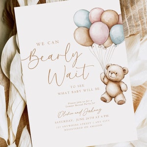 Editable Gender Revel Bear Baby Shower Invitation Girl Boy We Can Bearly Wait Baby Shower Invite Pink Blue Boho Bear Shower Cute Digital