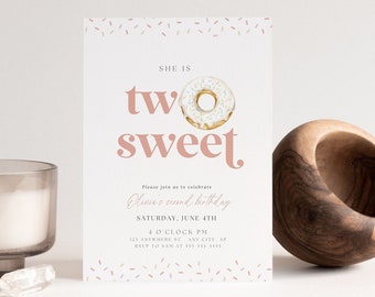 Two Sweet Second Birthday Invite 2nd Birthday Invitation Donut Party Theme Boho 2 year old party theme Digital Printable Invitation Template