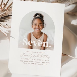 Editable Seventh Birthday Invitation 7th Birthday Party Invite Minimalist Boho 7 th Girl Birthday Instant Digital Download Seven Year Old
