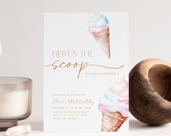 EDITABLE Ice Cream Birthday Invitation, Here's the Scoop Birthday Invitation Ice Cream Theme Birthday Invitation Minimalist Ice Cream Invite