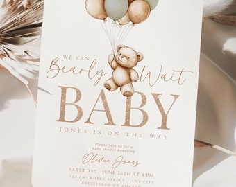 Editable We Can Bearly Wait Baby Shower Invitation Teddy Bear Baby Shower Invite Digital Download Printable Minimalist Baby Boy Sage Green
