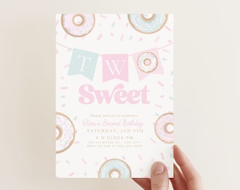 Two Sweet Second Birthday Invite 2nd Birthday Invitation Donut Party Theme Boho 2 year old party theme Digital Printable Invitation Template