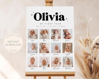 Boho First Birthday Photo Sign Template 1st Birthday Photo Poster Baby's First Year Poster Printable Modern Birthday Instant Minimalist