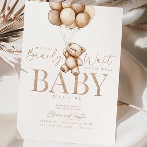 Editable Gender Revel Bear Baby Shower Invitation Girl Boy We Can Bearly Wait Baby Shower Invite Brown Neutral Boho Bear Shower He or She