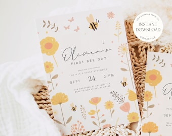 First Bee Day Birthday Invitation 1st Bee-Day Party Invite First Birthday Boho Invitation Bumble Bee Invite 1st Birthday Invite for Girl