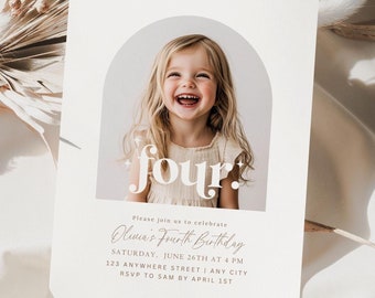 Editable Fourth Birthday Invitation 4th Birthday Party Invite Minimalist Boho 4 th Boy Birthday Girl Birthday Instant Digital Download Four