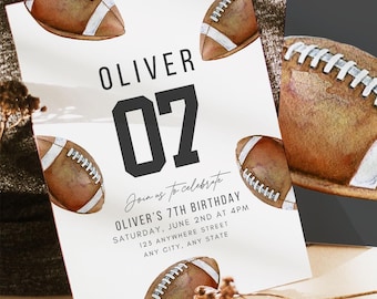 May include: A white invitation with a watercolor football design. The invitation says "Join us to celebrate Oliver's 7th Birthday, Saturday, June 2nd at 4pm, 123 Anywhere Street, Any City, Any State".