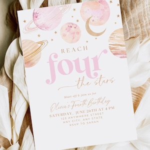 Editable Reach FOUR the Starts 4th Birthday Space Theme Astronaut Planet Birthday Party Fourth Birthday Girl Pink Pastel Instant Download
