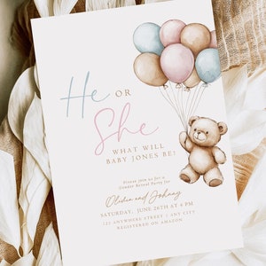 Editable Gender Revel Bear Baby Shower Invitation Girl Boy We Can Bearly Wait Baby Shower Invite Pink Blue Boho Bear Shower He or She