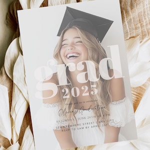 May include: A graduation invitation with a photo of a smiling graduate wearing a cap and gown. The text on the invitation reads "grad 2025" and "Olivia's Graduation".