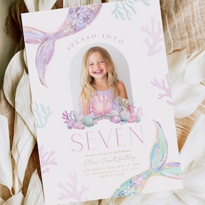 Editable Mermaid Seventh Birthday Invitation 7th Birthday Under the Sea Invite Girl Digital Template Instant Download Pastel Printable