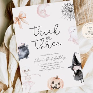 May include: A printable Halloween party invitation with a watercolour design featuring a ghost, a witch, a pumpkin, a skeleton, a cauldron, a moon, and a spider's web. The invitation says "Trick or Three" and includes the text "Olivia's Third Birthday".