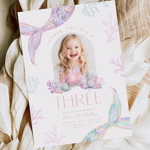Editable Mermaid Third Birthday Invitation 3rd Birthday Under the Sea Invite Mermaid Girl Digital Template Instant Download Pastel Printable
