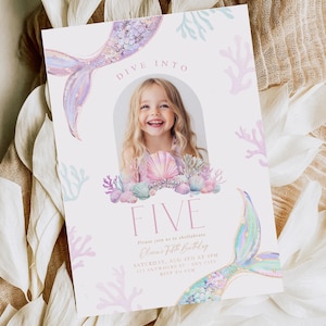 Editable Dive into Five Mermaid Birthday Invitation 5th Birthday Invite Girl Shellabration Invite Printable Template Instant Download Boho