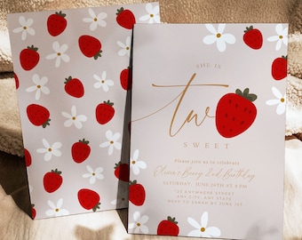 Two Sweet Second Birthday Invite 2nd Birthday Girl Strawberry Birthday Invitation Berry Sweet Birthday Digital Printable Invitation Template