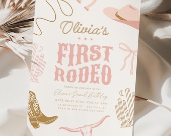 Editable First Rodeo Invitation Cowgirl First Birthday Invite Wild West 1st Rodeo Southwestern Ranch Instant Download Pink Pastel Retro Boho