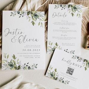 Peut inclure: Suite d'invitation de mariage avec un design floral vert et blanc. L'invitation présente les noms "Justin & Olivia" et la date "30.08.2025". La carte des détails comprend des informations sur la cérémonie, l'heure du cocktail et la réception. La carte RSVP contient un code QR pour que les invités puissent répondre.