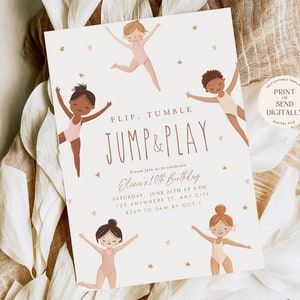 Gymnastics Birthday Invitation Gymnast Party Invite Girl Party Editable Template Pink Jump Tumble Trampoline Digital Printable Download Boho