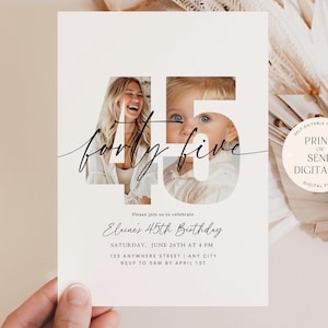 45th Birthday Invitation Template 45 th Digital Invite with Photo Instant Download Forty Five Fabulous Minimalist Boho Birthday Printable