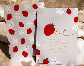 May include: A pink and white invitation with a strawberry pattern. The invitation says "Please join us to celebrate Olivia's Berry First Birthday" and includes the date, time, and location of the party. The text "our dearest MOMENTS DESIGN CO." is at the bottom of the invitation.