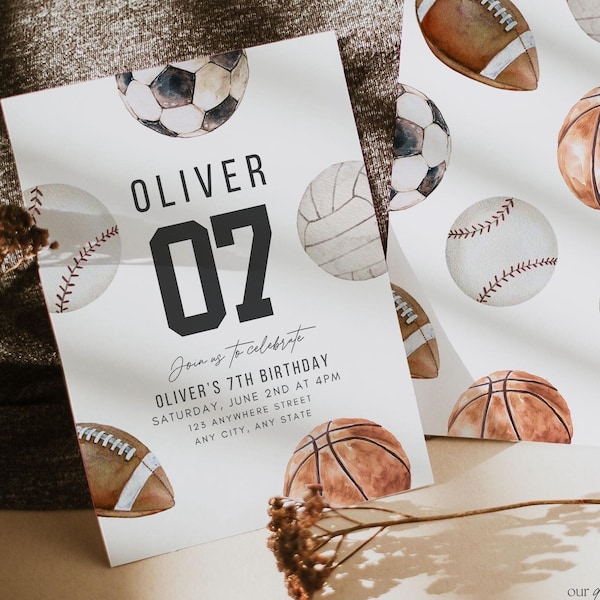 Editable ANY AGE Sports Theme Birthday Invitation Let's Have a Ball Invite Basketball Football Soccer Baseball Boy Birthday Game Time Party